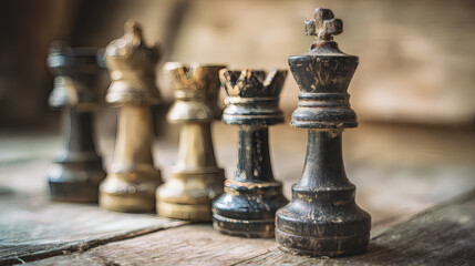 Chess pieces strategically placed on a weathered wooden table with warm vintage lighting.