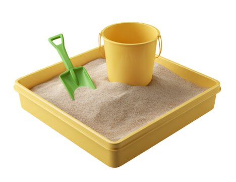  Sandbox with yellow bucket and green shovel isolated on transparent background