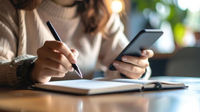 Person writing notes using phone