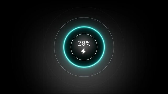 Neon loading animation counting from 0 to 28%, featuring a glowing green circle, and a charging connector on black background. Charging screen 28% percent, screen call phone display charging battery.