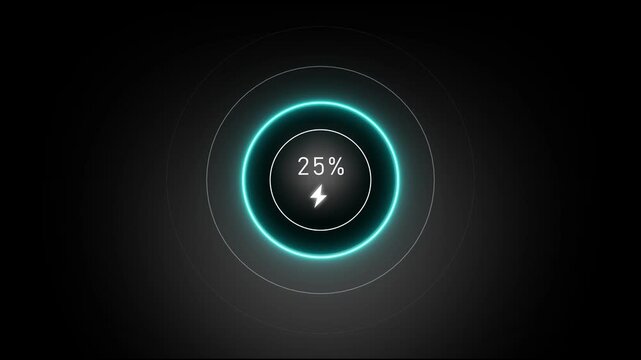 Neon loading animation counting from 0 to 25%, featuring a glowing green circle, and a charging connector on black background. Charging screen 25% percent, screen call phone display charging battery.