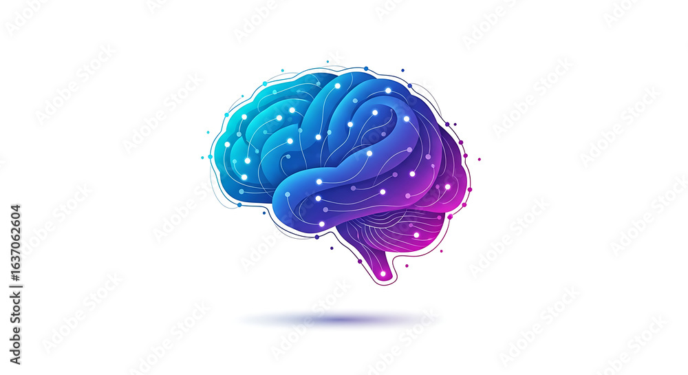 Poster illustration of a human brain with interconnected nodes against a white background in vector format