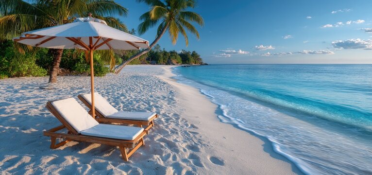 A serene beach scene with two wooden sun loungers under an umbrella, palm trees swaying in the breeze against a pastel sky at sunset - Powered by Adobe