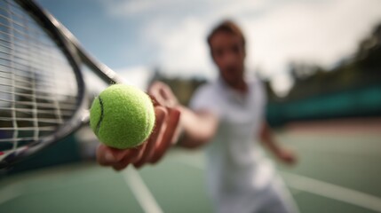 Tennis player about to hit a bright yellow ball with a racket on a green court