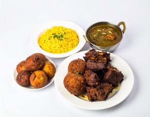 Delicious Indian Cuisine Platter with Rice, Curry, and Fried Foods on White Background