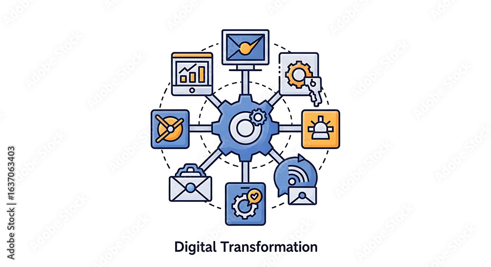Aufkleber digital transformation concept with gear and connected icons representing various technologies and p