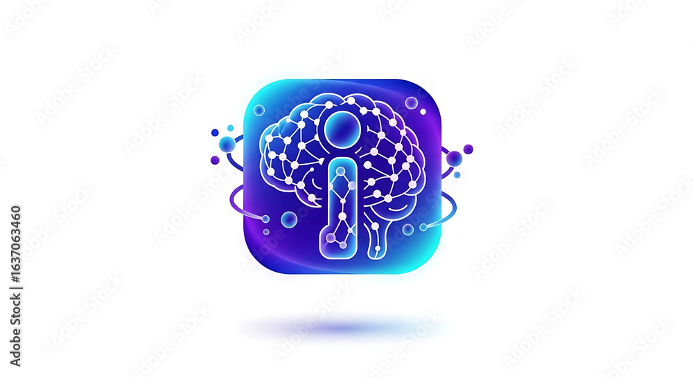 Poster illustration of a brain with connected dots inside a rounded square with gradient colors