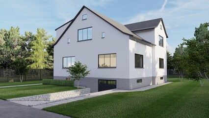 Modern Two-Story House Exterior with Minimalist Design and Green Lawn