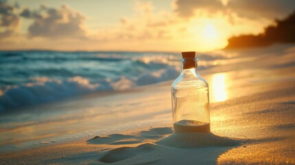 Empty bottle sunset beach ocean sand message hope