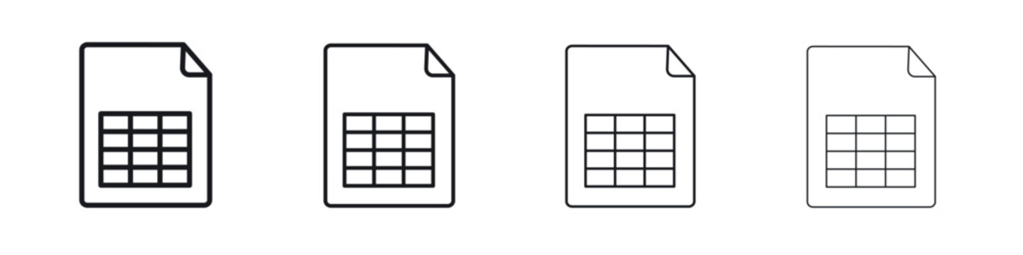 Spreadsheet icons big set. Simple black stroke line versions collection