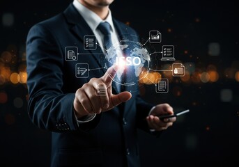 Businessman interacting with digital data and information icons