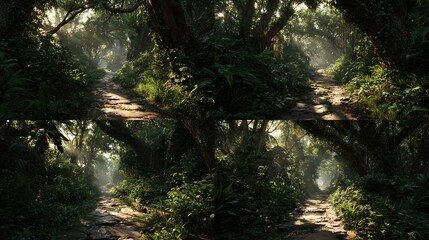Obraz premium Quadruple image showcasing a sun-dappled jungle path winding through lush vegetation under a dense canopy, revealing variations in light and shadow
