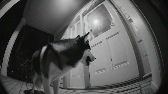 A playful dog stands at the door, barking excitedly at an unseen visitor on a doorbell security camera with infrared night vision.