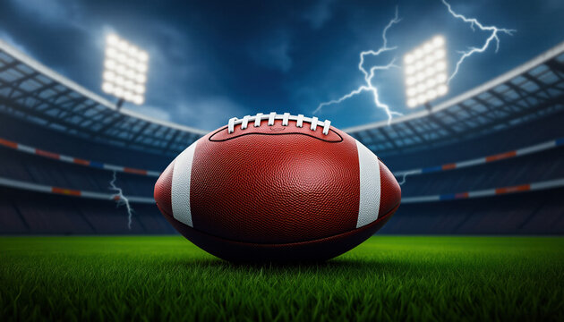 Football in stadium with lightning and spotlights. Use for sports marketing, football advertising, athletics promotions and dramatic event content.
