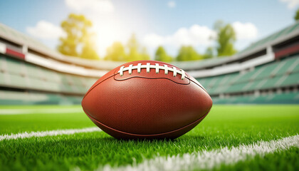 Obraz premium Football on grass in sunny stadium. Use for sports promotions, football advertising, athletics branding and outdoor game day content. 