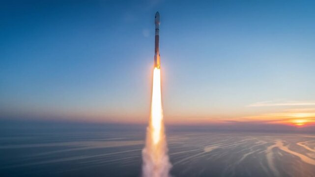 Dynamic Rocket Liftoff Ascending Through a Breathtaking Sunset Over the Sea