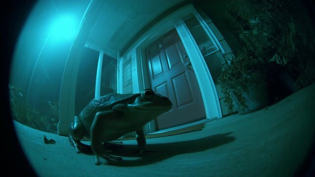 A surreal night scene featuring a frog in a dimly lit doorway captured on a doorbell security camera, evoking a sense of mystery and anticipation.