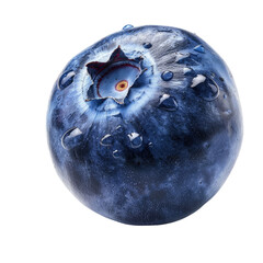 Close-up of a single, ripe blueberry.  The berry is a deep, vibrant blue, and appears perfectly round.  Water droplets cling to its surface. 