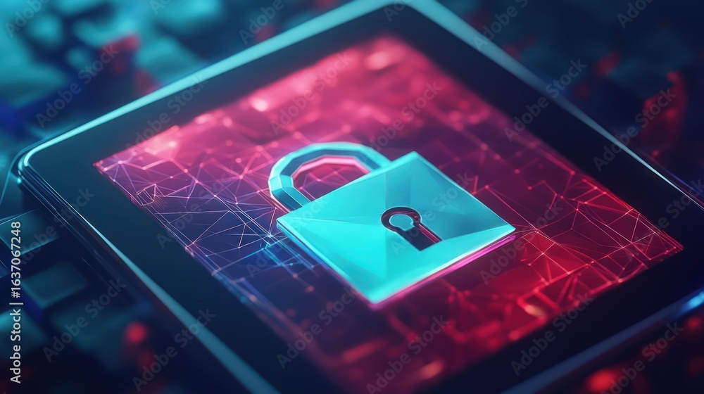 Poster digital safeguard: encrypted data protection on tablet screen with secure lock