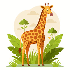 Obraz premium vector illustration of giraffe, eating leaves, flat design