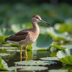 Obraz premium Brown water bird standing among green lotus leaves in calm pond, wildlife photography