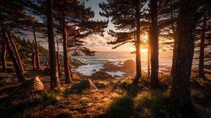 Obraz premium Golden sunrise glow streaming through tall pine trees above a serene rolling sea
