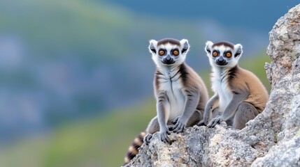 Fototapeta premium Madagascar wildlife. Monkey family, young cub. Madagascar wildlife, Ring-tailed Lemur, Lemur catta. Animal from Madagascar, Africa, orange eyes. Evening light sunset