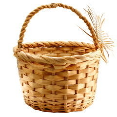 Woven basket with a handle.  Simple, light beige color