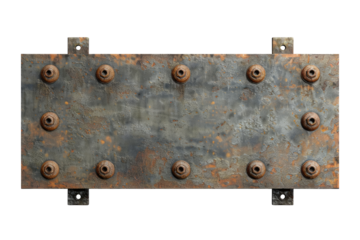 Rusty metal plate with mounted hardware.  Dark, aged metal panel with numerous small, round,  brownish-red hardware fittings.  Rectangular shape,  mounted  on a dark background