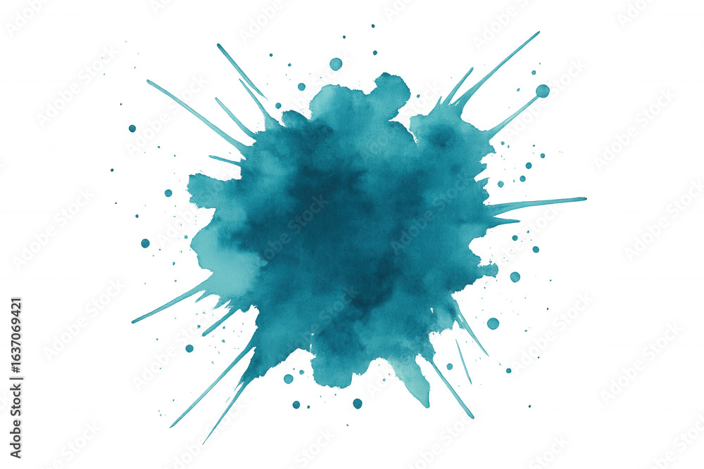 Poster turquoise watercolor splashing dynamically, generating textured artistic effect with translucent viv