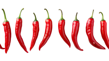Red chili peppers arranged in a horizontal row.  Sharp, vibrant red peppers, varying slightly in size and curvature, are closely aligned against a stark black background.