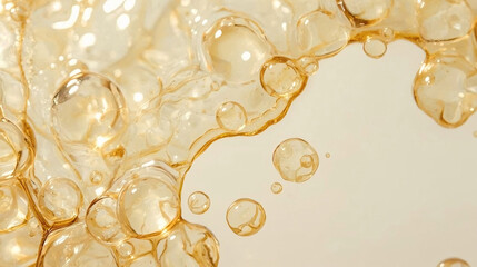 Golden liquid texture with bubbles on a light background.