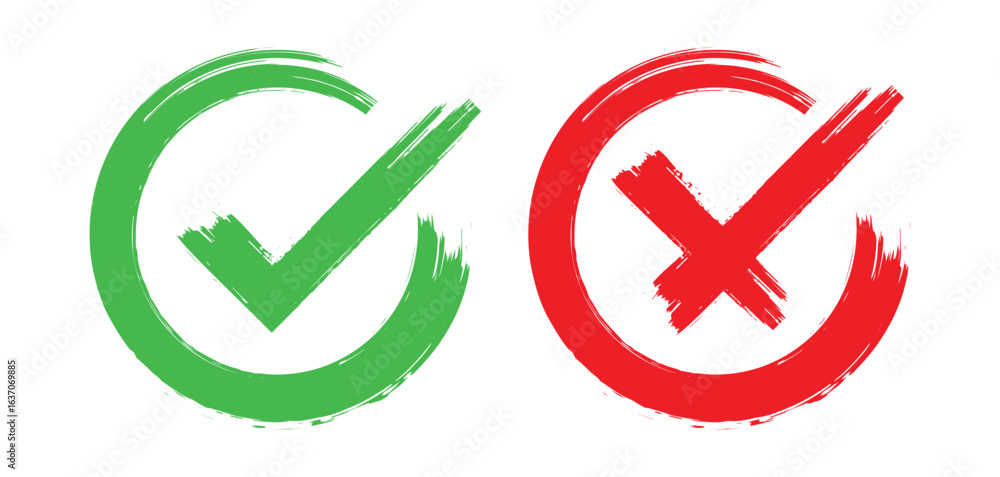 Poster grunge vector checkmark and cross. grunge green check mark and red cross mark icon set. brush correc