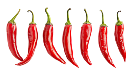 Eight vibrant red chili peppers arranged in a horizontal row against a black background.  Each pepper displays a glossy, smooth surface, and varying degrees of slight curvature