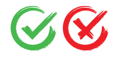Grunge vector checkmark and cross. Grunge green check mark and red cross mark icon set. brush correct or incorrect sign with circle.