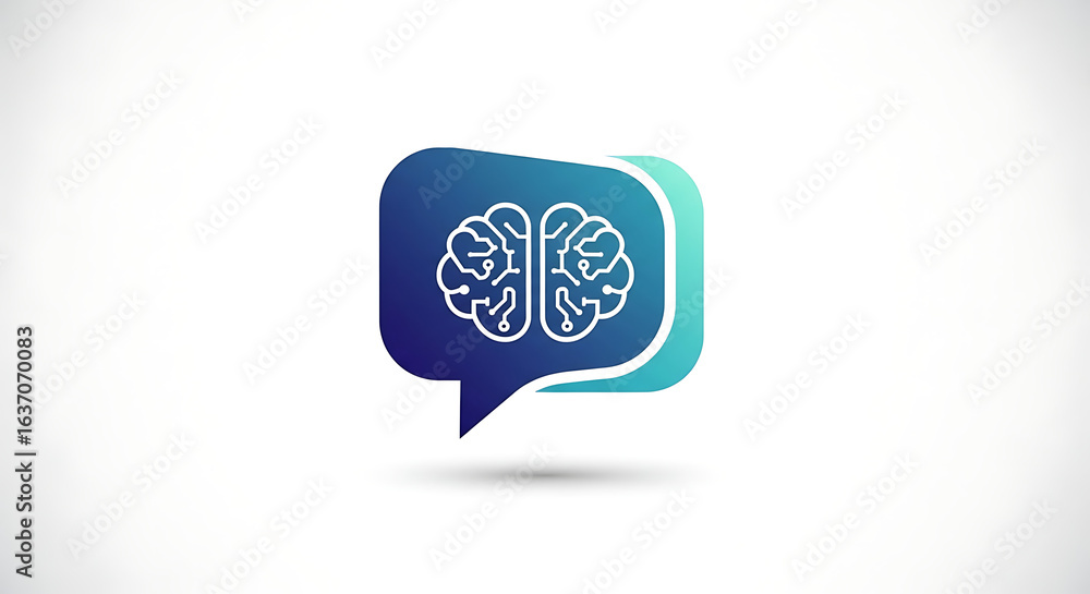 Poster brain icon inside a speech bubble with a blue and green gradient on a white background in a digital 
