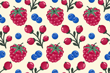 Fruits Seamless pattern. Berries background. Bunch of red currants, blueberry, raspberry. Whole Ripe fruits on white background. Repeatable texture with fresh juicy vitamin. Vector illustration