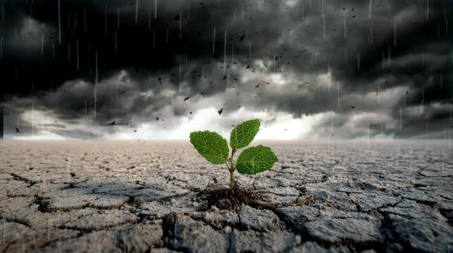 Emergence: A single sprout of life pushing through the cracked earth beneath a stormy sky, a powerful symbol of resilience, hope, and renewal.