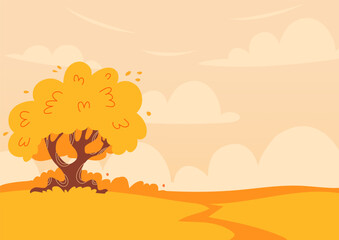 Naklejka premium Flat illustration of a yellow autumn tree with round foliage in a bright meadow under a cloudy sky. Park or forest in harvest season for seasonal backgrounds, posters, and autumn-themed designs.