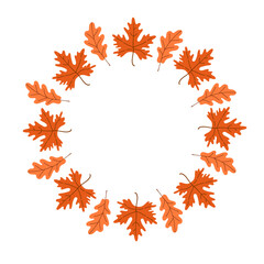 Fototapeta premium Flat vector illustration of an autumn wreath frame made of orange oak and maple leaves with an empty center for text or design. Suitable for seasonal greeting cards, posters, and invitations.