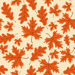 Fototapeta premium Seamless flat vector pattern featuring orange autumn leaves on a light background. Suitable for seasonal textiles, wallpapers, wrapping paper, and autumn-themed designs.