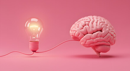 Brain connected to an illuminated light bulb