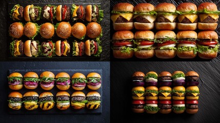 and keyword list based on the image

 Assorted Cheeseburger Sliders Served on Dark Gray Boards in Varied Combinations