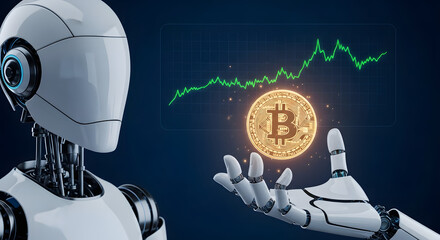 A futuristic robot holds a golden Bitcoin coin, analyzing a rising financial growth chart.