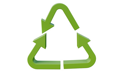 Obraz premium 3D rendering of a green recycle symbol with three arrows forming a triangle, isolated on a transparent background, ideal for eco-friendly, sustainability, and environmental design projects.