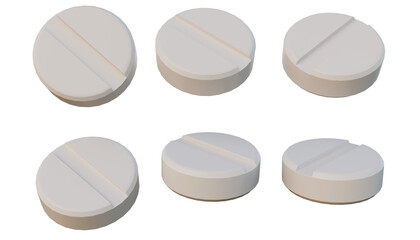 3D rendering of white round tablets with a center split line, displayed from multiple angles, isolated on a transparent background.
