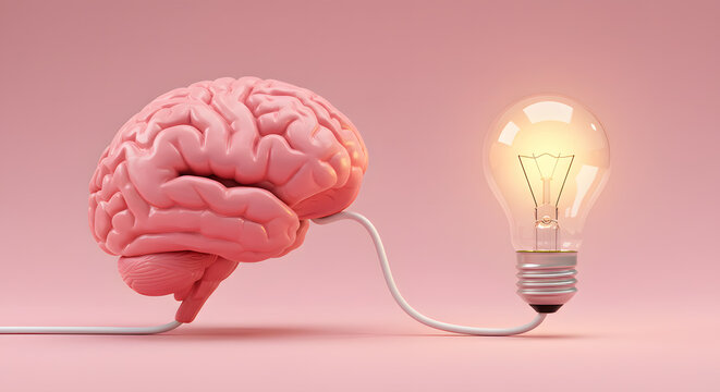 Brain connected to an illuminated light bulb