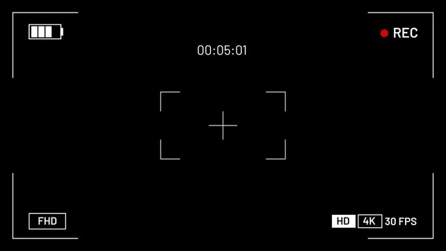 Camera recording screen overlay on black background, mirrorless cam viewfinder frame animation template, digital video recorder user interface. 4k animation video