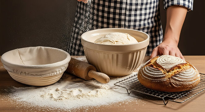 Artisanal baker in a checkered apron preparing sourdough, dusting flour over a wooden worktop with bowls, dough, and a freshly baked loaf. - Powered by Adobe