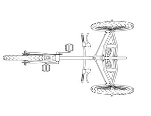 Innovative Tilting Three-Wheel Cycle Technical Drawing. Detailed BandW Wireframe Illustration of an Advanced Tricycle Design for Urban Mobility, Enhanced Stability and Future Personal Transport.